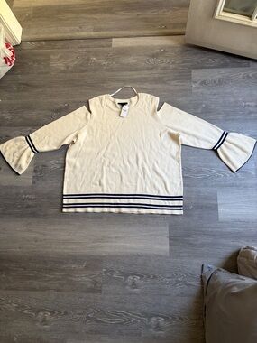 Lane Bryant Cream and Navy Cold Shoulder Sweater with Bell Sleeves, NWT